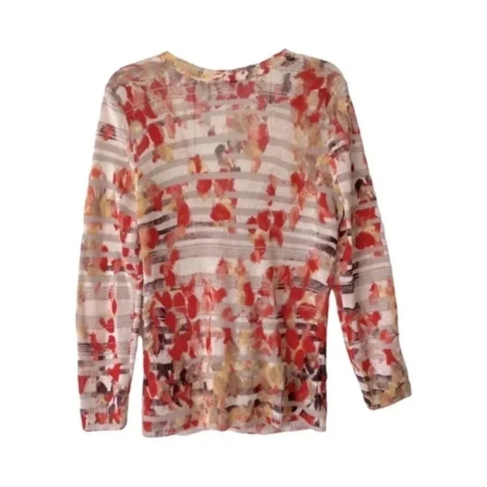 Nic+Zoe | Floral Stripe Linen Blend Open Knit Button Front Cardigan, Large - Picture 2 of 6